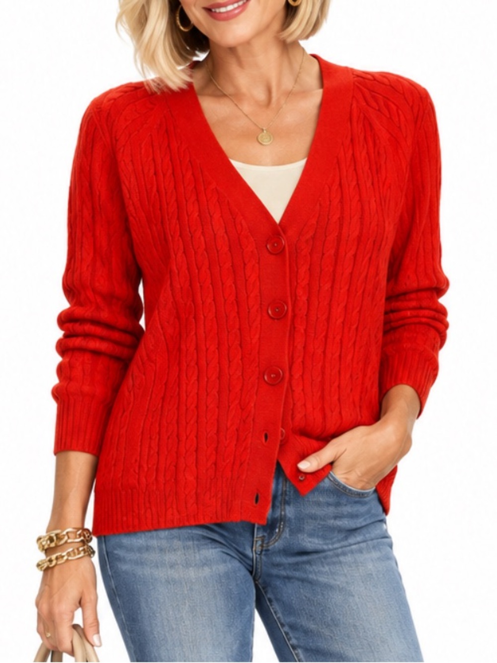 Classic Talbots Lightweight Poppy Red Cable Knit Cardigan SZ LG EUC